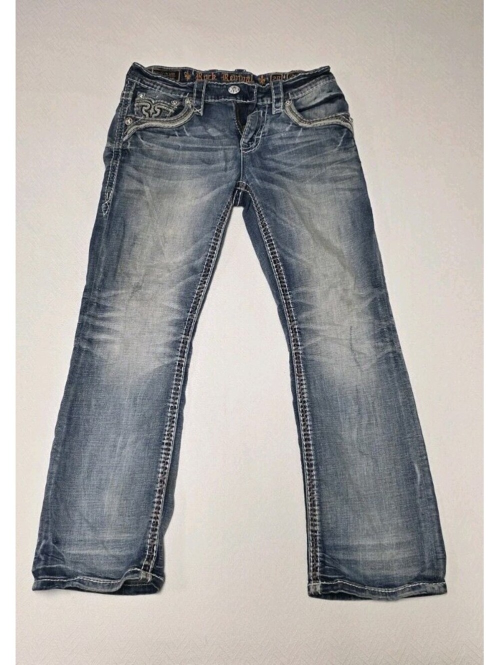 Rock Revival Chamois Slim Boot Jeans Mens 29 Embroidered Fleur De Lis Y2K